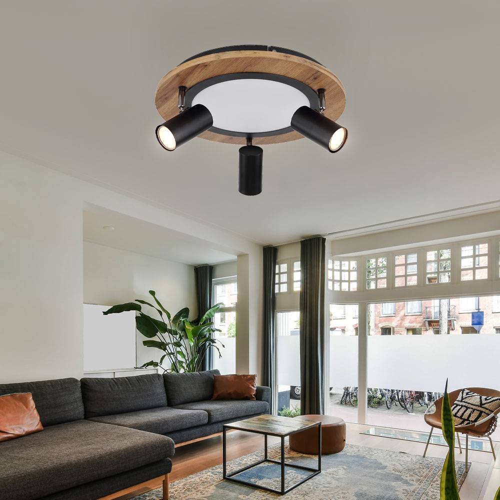 Deckenleuchte 3 Stufen Deckenlampe Strahler schwenkbar Spotleuchte Holz, 3x GU10, 1x LED 15W 1300Lm warmweiß, DxH 40x18 cm