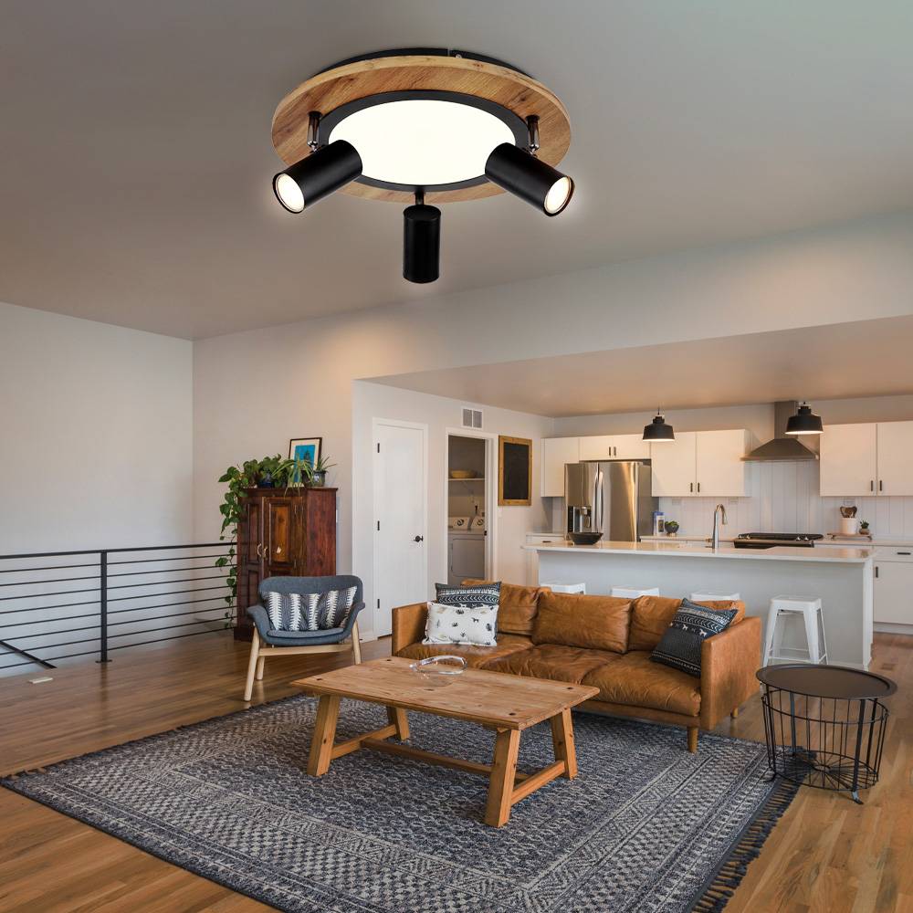 Deckenleuchte 3 Stufen Deckenlampe Strahler schwenkbar Spotleuchte Holz, 3x GU10, 1x LED 15W 1300Lm warmweiß, DxH 40x18 cm