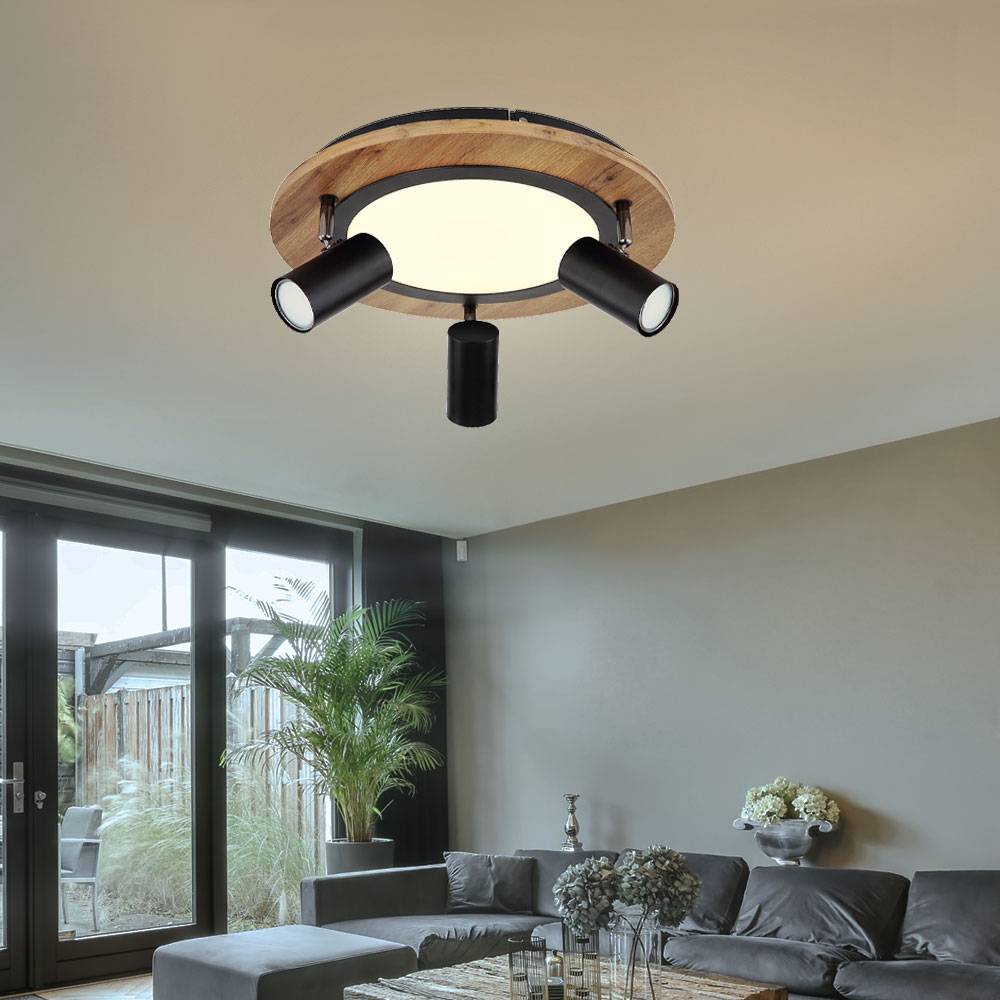 Deckenleuchte 3 Stufen Deckenlampe Strahler schwenkbar Spotleuchte Holz, 3x GU10, 1x LED 15W 1300Lm warmweiß, DxH 40x18 cm