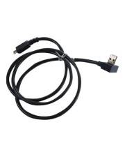 Schwarzes USB-Ladekabel mit USB-A-Stecker an einem Ende und Klein-Geräteverbinder am anderen Ende, aufgerollt auf weißem Hintergrund.