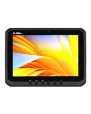 Robustes schwarzes Toshiba-Tablet mit orange-gelbem abstraktem Hintergrundbild und einer schwachen Zeitanzeige von 10:00 auf dem Bildschirm.