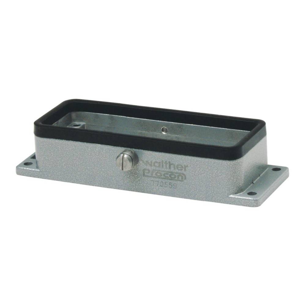 Eine rechteckige Installationsbox mit schwarzem Rand und sichtbarer Schrauböffnung, an der Seite mit 'Walther' beschriftet.