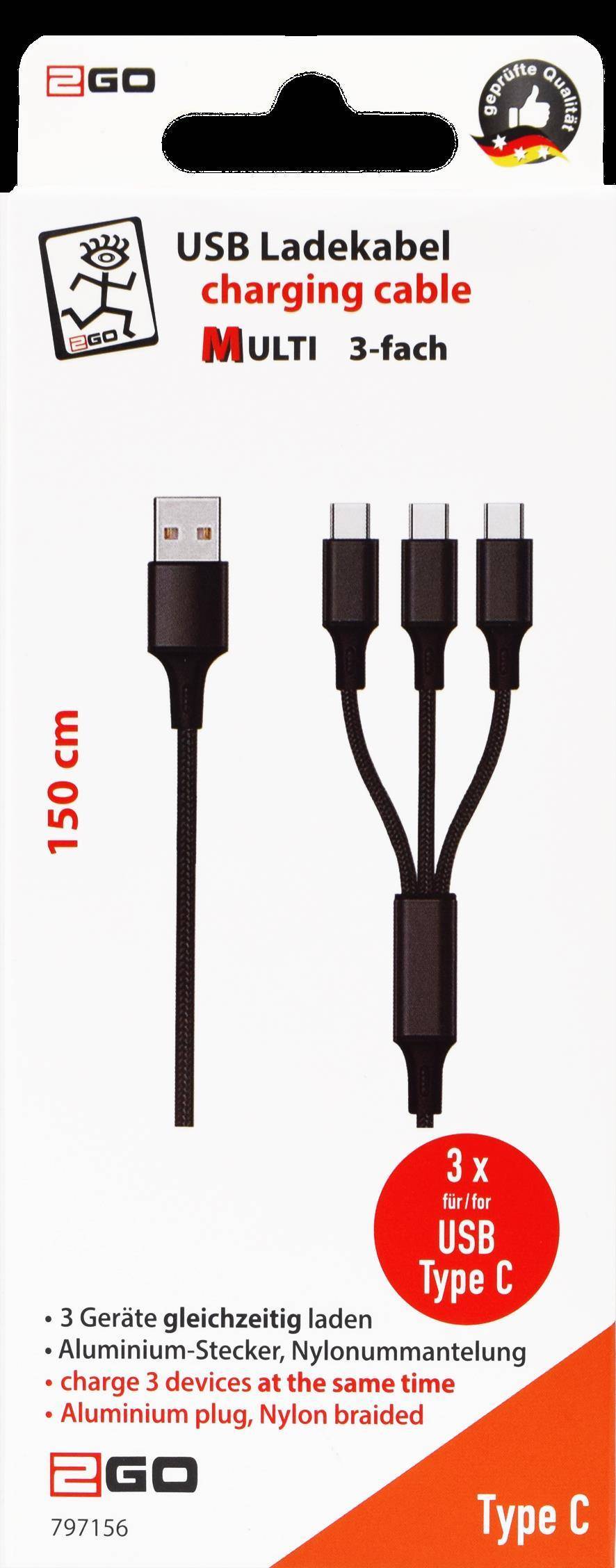 2GO 3in1 USB Ladekabel USB Type-C Nylon 1,5m schwarz Multimedia-Technik