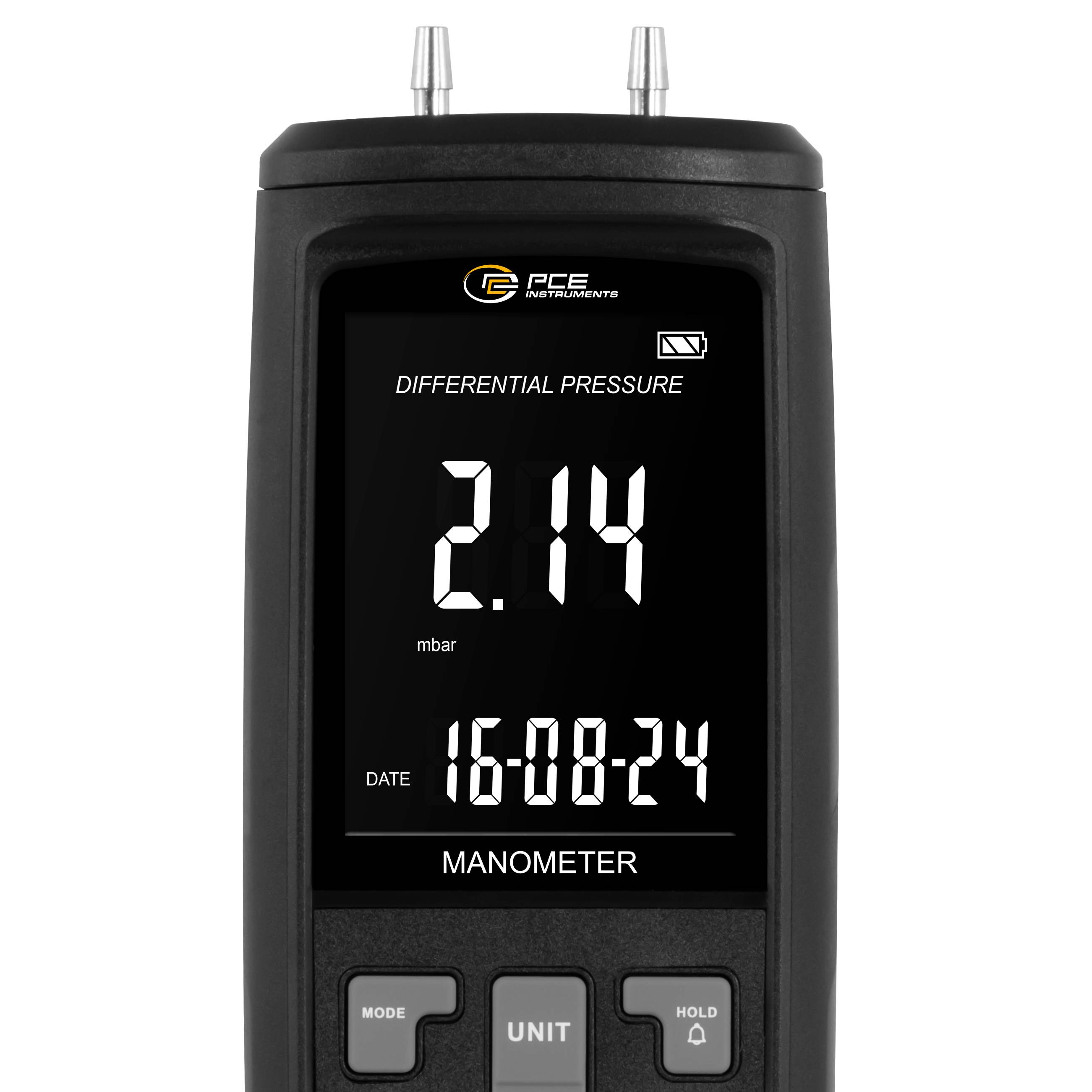 PCE Instruments' digitales Differenzdruckmanometer mit Anzeige von '2,14 mbar' und Datum '16:08:24'.