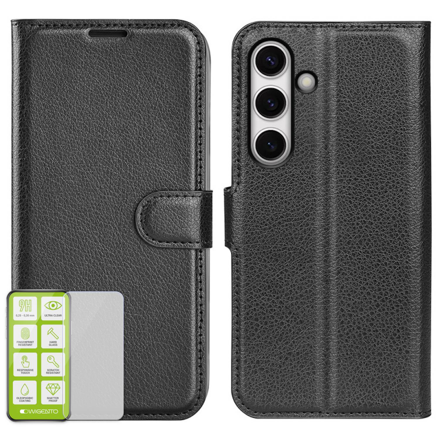 Für Samsung Galaxy S24 FE Handy Tasche Schwarz Etuis Kunst-Leder Hülle Case + H9 Hart Glas