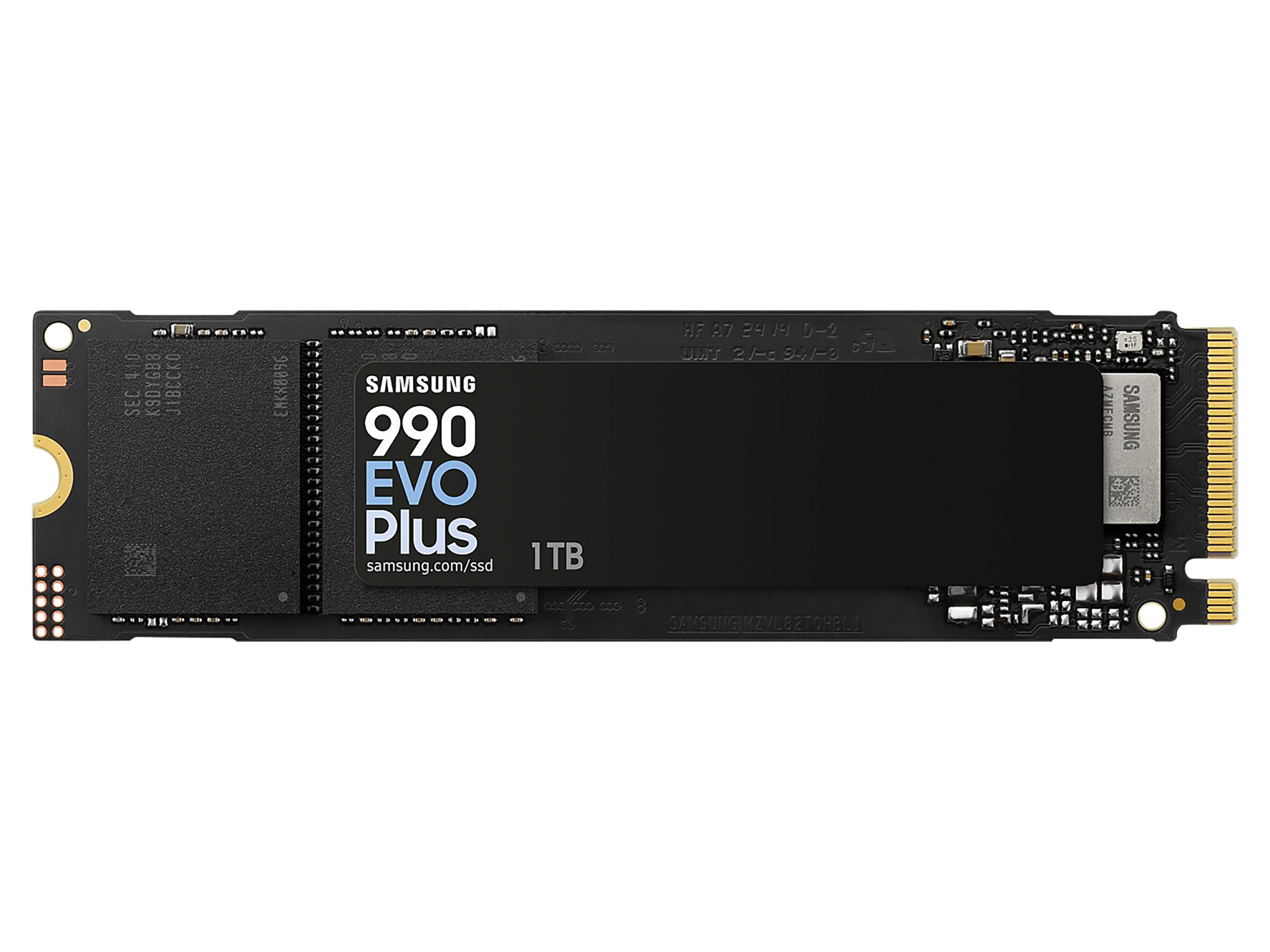 Samsung 990 EVO Plus 1TB SSD von oben, wobei die Markierung und Speicherkapazität auf dem schwarzen Gehäuse zu sehen sind.