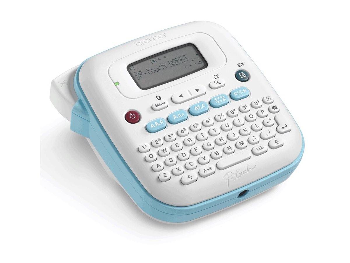 Ein weißer und blauer Beschriftungsgerät mit einer vollständigen QWERTZ-Tastatur und einem LCD-Bildschirm, auf dem 