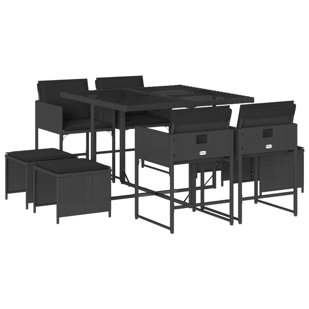 vidaXL 9-tlg. Garten-Essgruppe mit Kissen Schwarz Poly Rattan