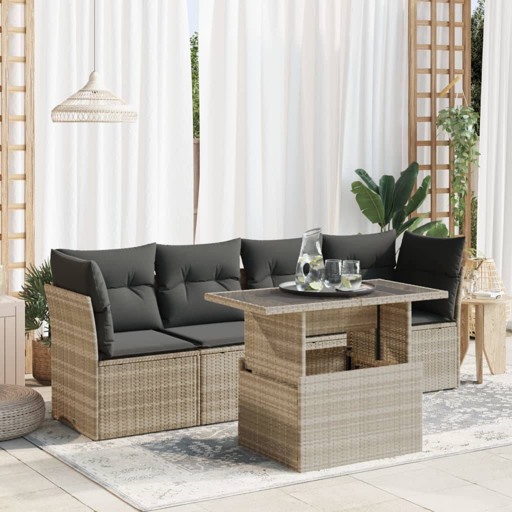 vidaXL 5-tlg. Garten-Sofagarnitur mit Kissen Hellgrau Poly Rattan
