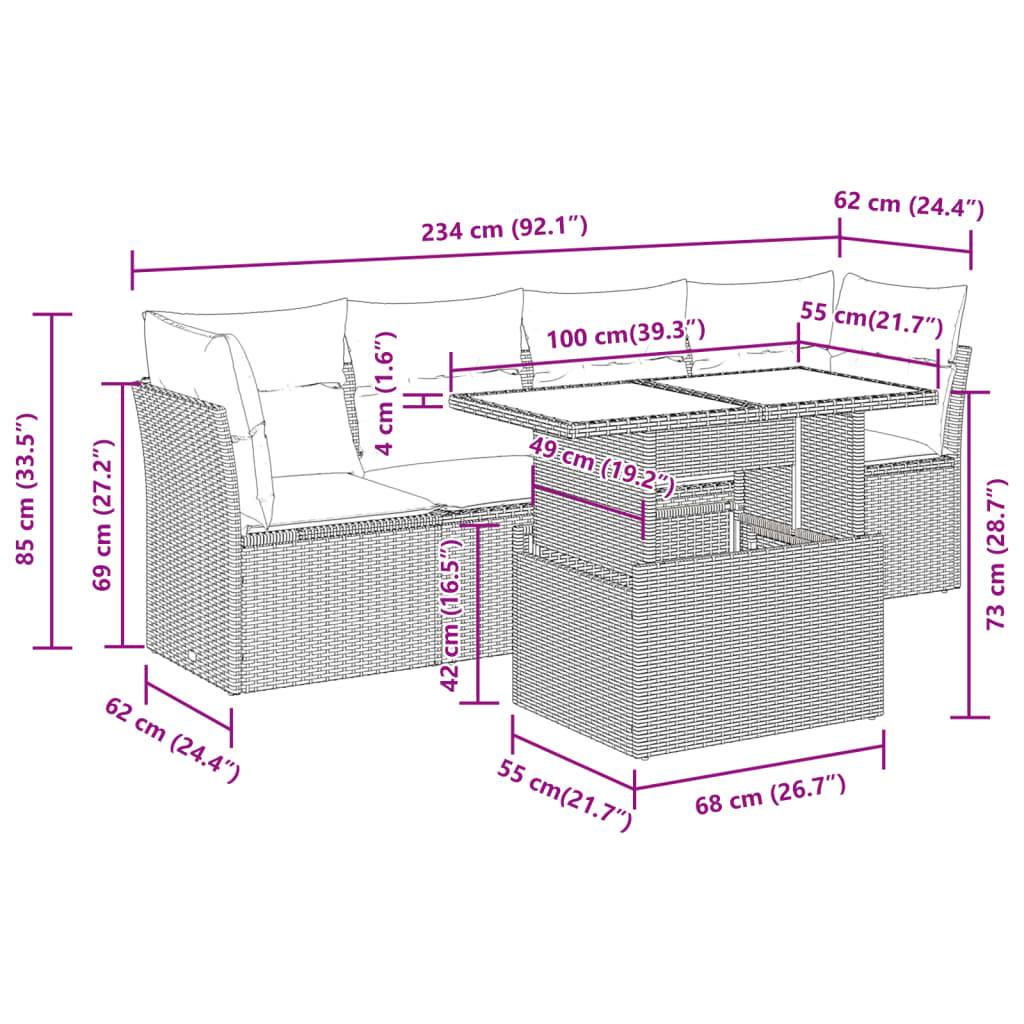 vidaXL 5-tlg. Garten-Sofagarnitur mit Kissen Hellgrau Poly Rattan