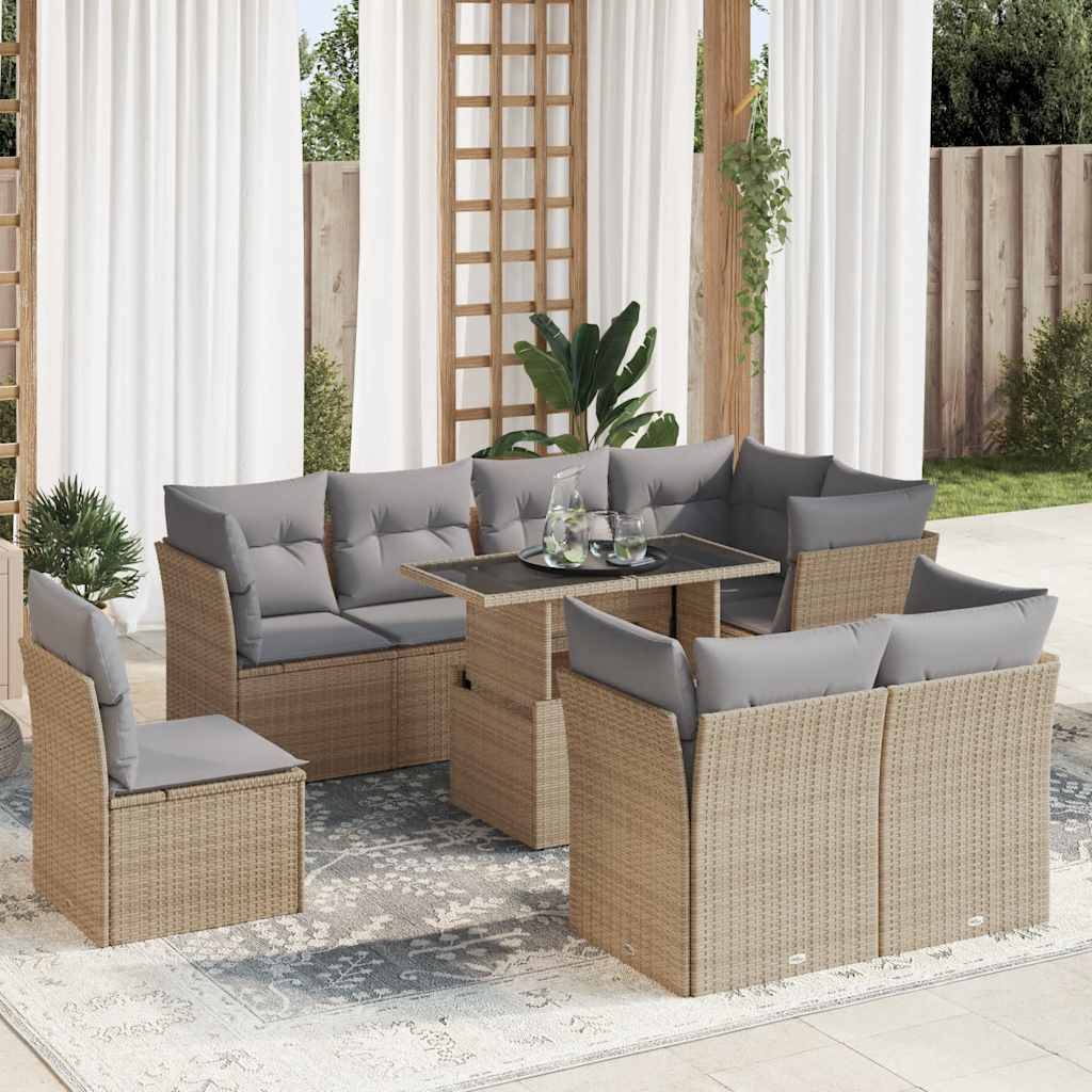 vidaXL 9-tlg. Garten-Sofagarnitur mit Kissen Beige Poly Rattan