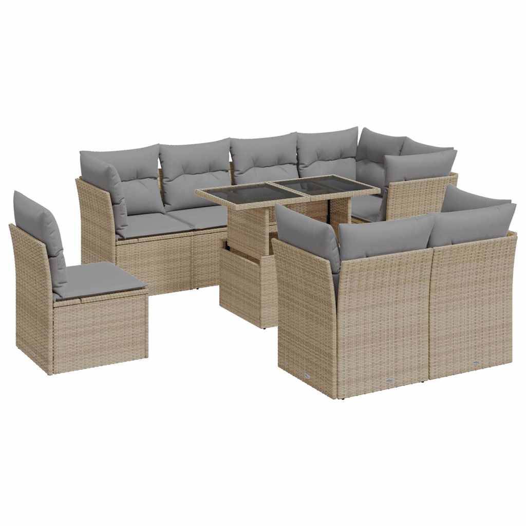 vidaXL 9-tlg. Garten-Sofagarnitur mit Kissen Beige Poly Rattan