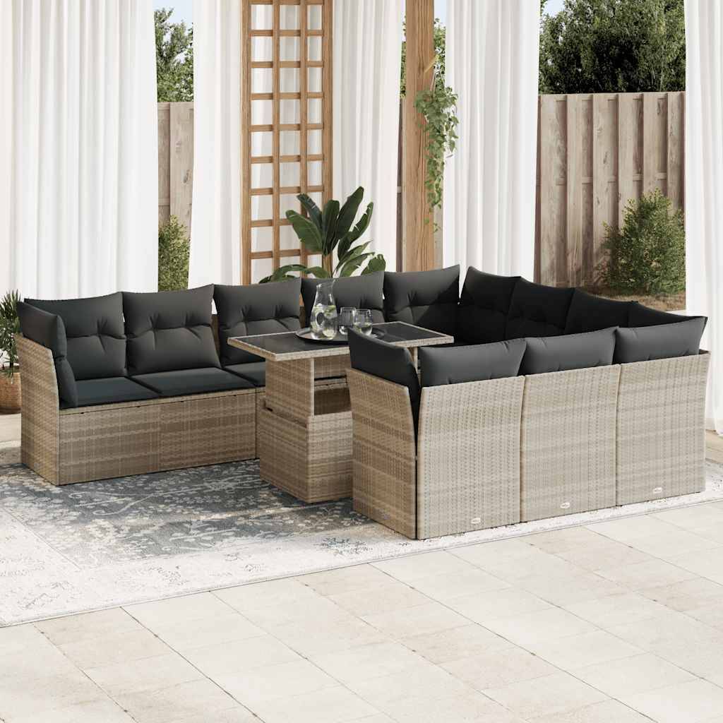 vidaXL 11-tlg. Garten-Sofagarnitur mit Kissen Hellgrau Poly Rattan