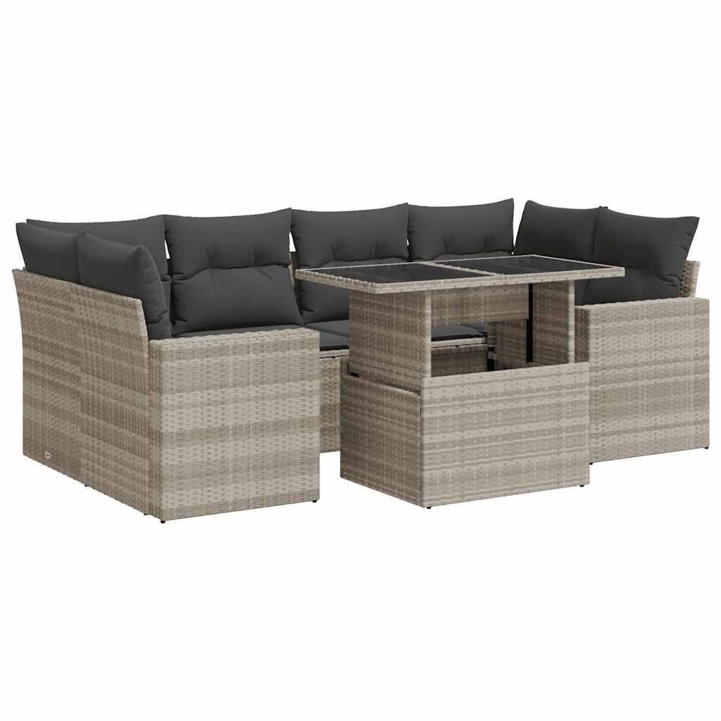 vidaXL 7-tlg. Garten-Sofagarnitur mit Kissen Hellgrau Poly Rattan