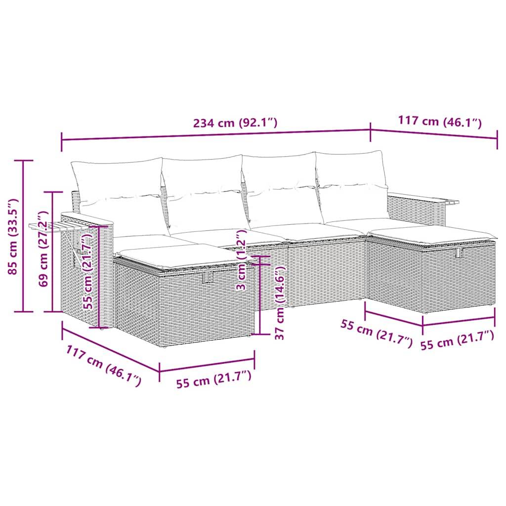 vidaXL 6-tlg. Garten-Sofagarnitur mit Kissen Grau Poly Rattan