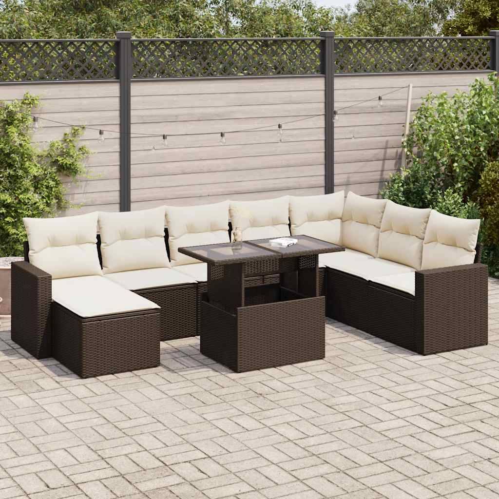 vidaXL 9-tlg. Garten-Sofagarnitur mit Kissen Braun Poly Rattan