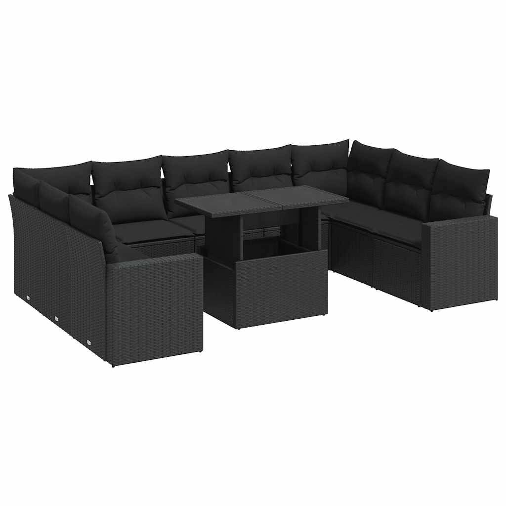 vidaXL 10-tlg. Garten-Sofagarnitur mit Kissen Schwarz Poly Rattan