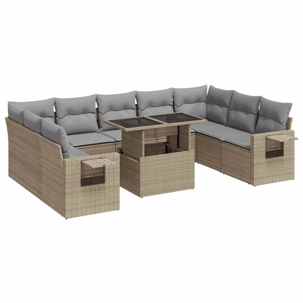 vidaXL 10-tlg. Garten-Sofagarnitur mit Kissen Beige Poly Rattan