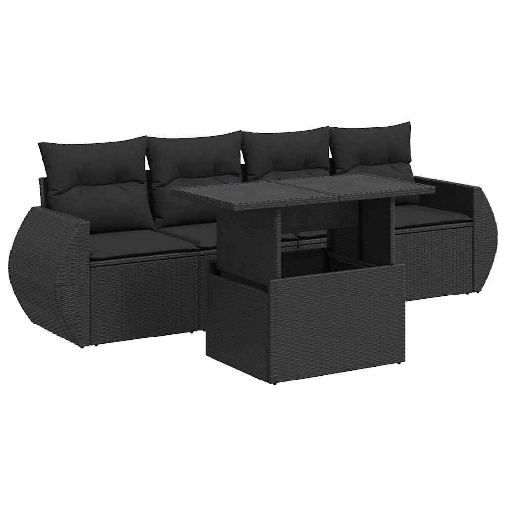 vidaXL 5-tlg. Garten-Sofagarnitur mit Kissen Schwarz Poly Rattan