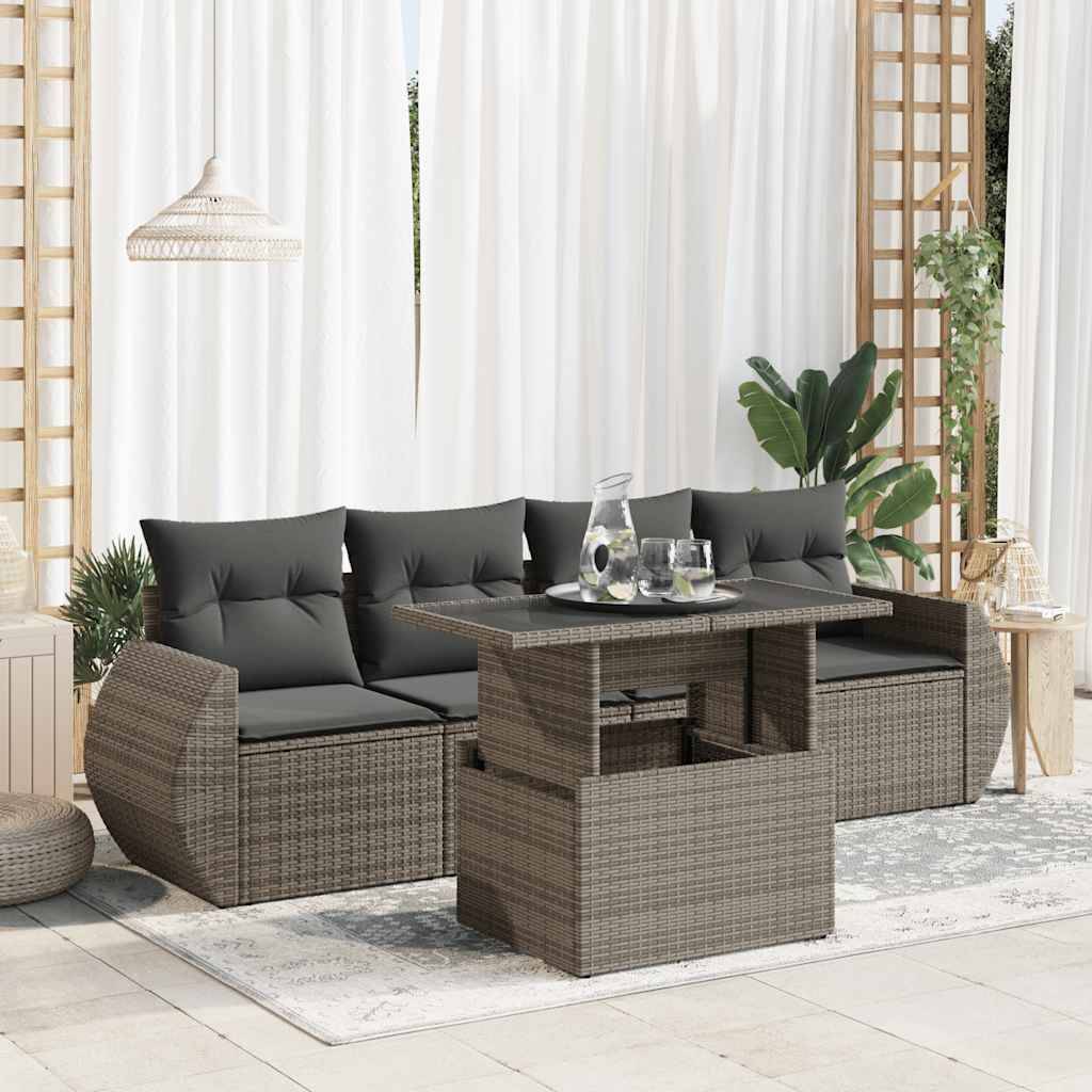 vidaXL 5-tlg. Garten-Sofagarnitur mit Kissen Grau Poly Rattan
