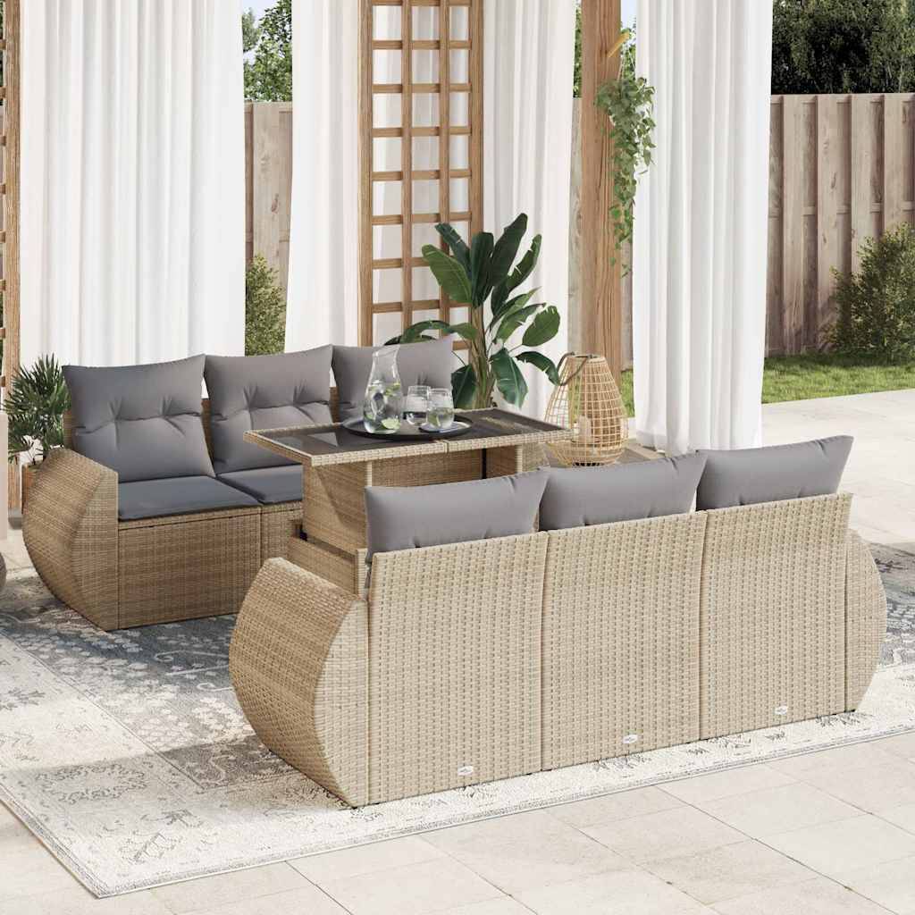 vidaXL 7-tlg. Garten-Sofagarnitur mit Kissen Beige Poly Rattan