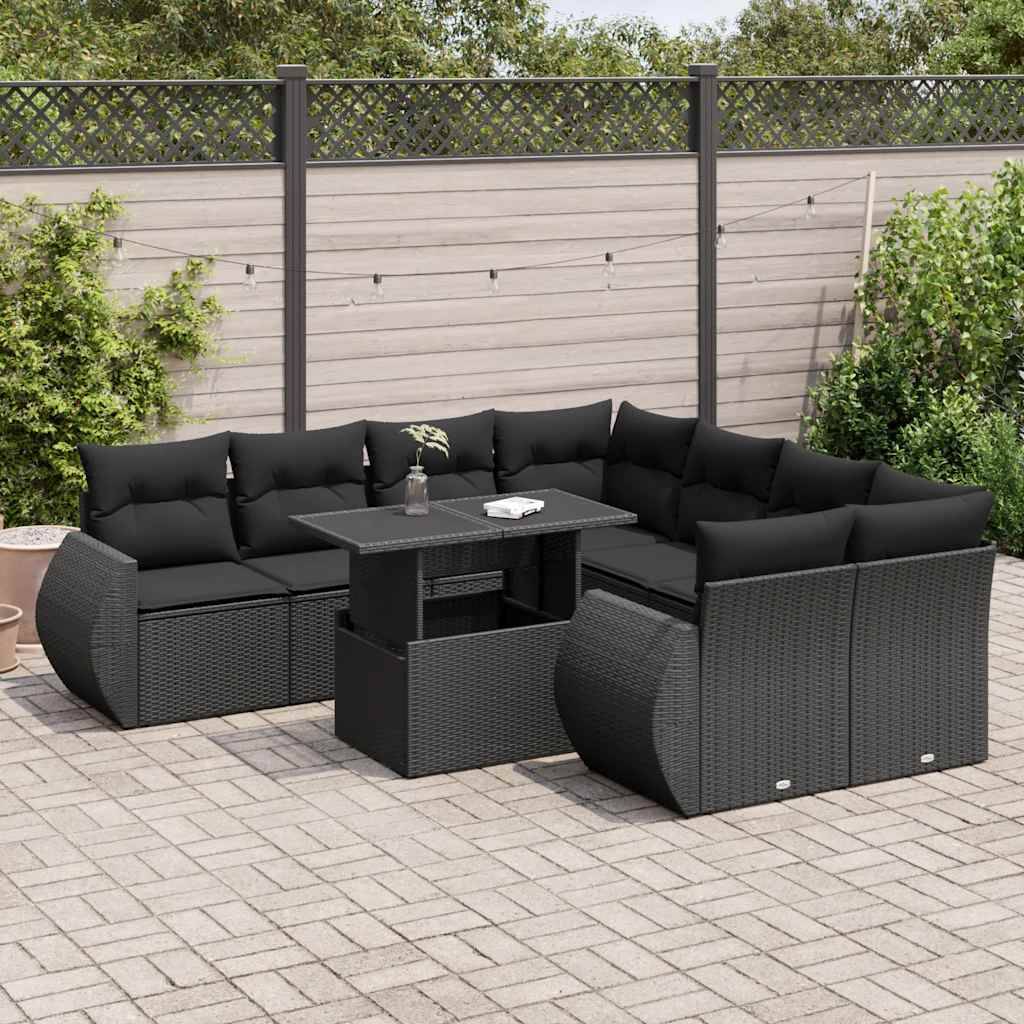 vidaXL 9-tlg. Garten-Sofagarnitur mit Kissen Schwarz Poly Rattan