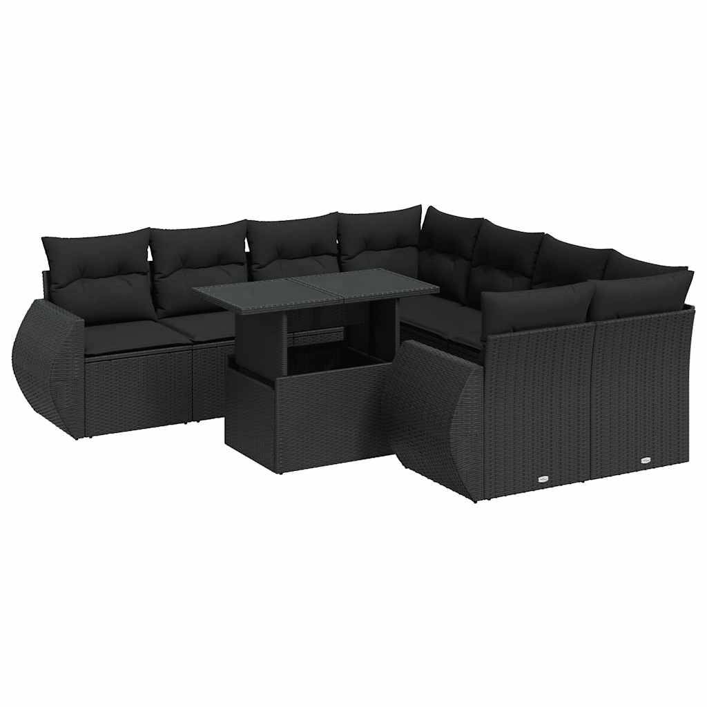 vidaXL 9-tlg. Garten-Sofagarnitur mit Kissen Schwarz Poly Rattan
