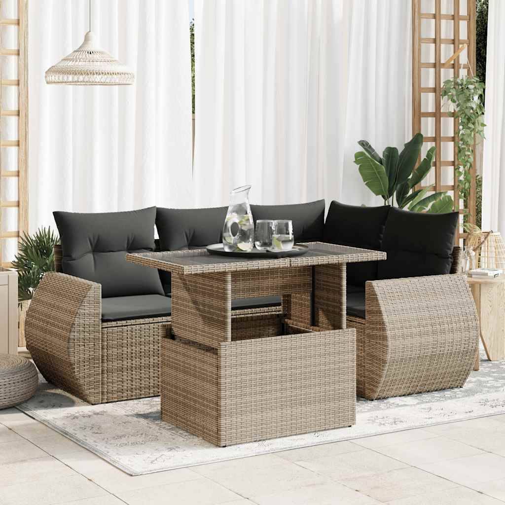 vidaXL 5-tlg. Garten-Sofagarnitur mit Kissen Grau Poly Rattan