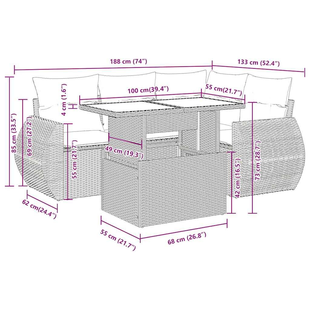 vidaXL 5-tlg. Garten-Sofagarnitur mit Kissen Grau Poly Rattan