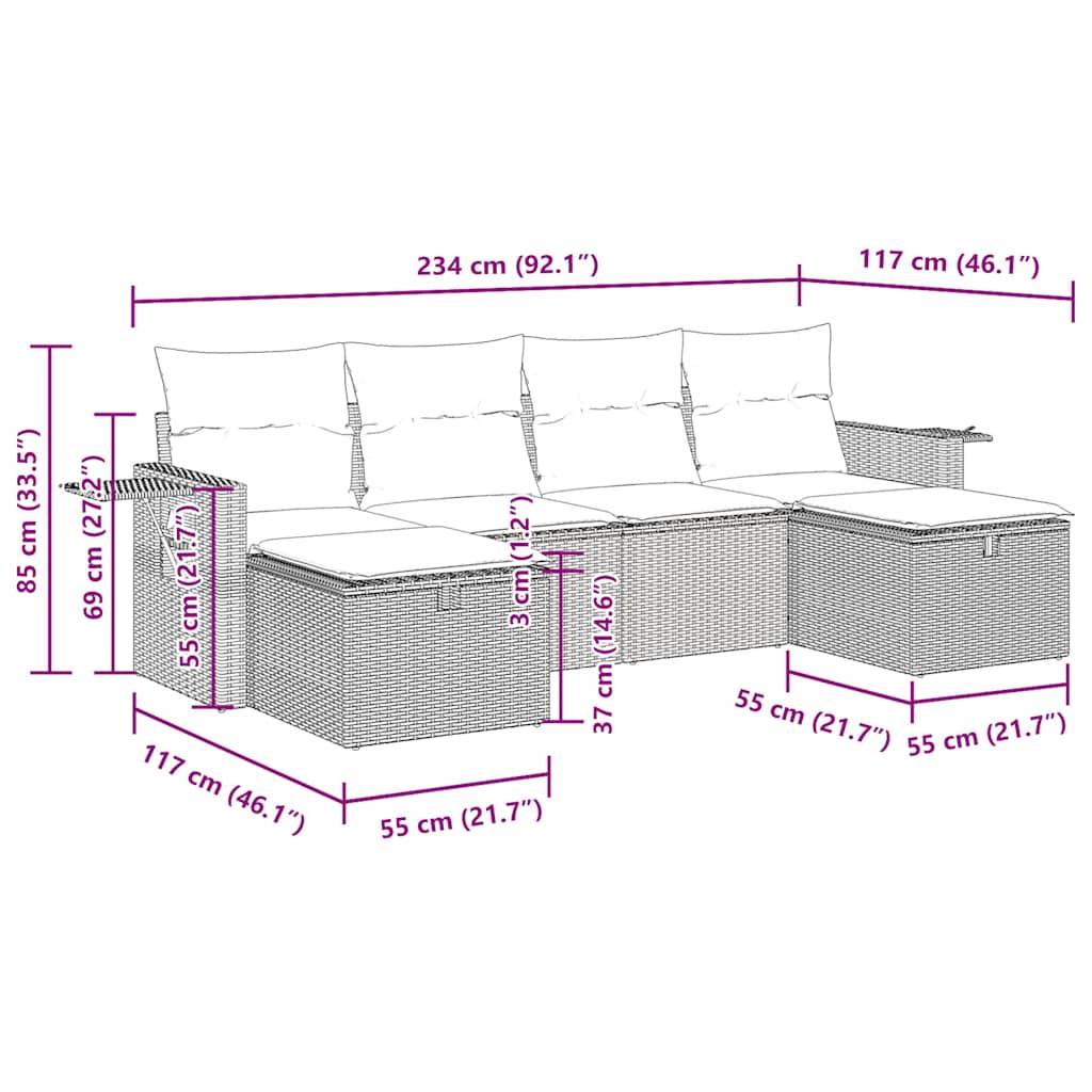 vidaXL 6-tlg. Garten-Sofagarnitur mit Kissen Schwarz Poly Rattan