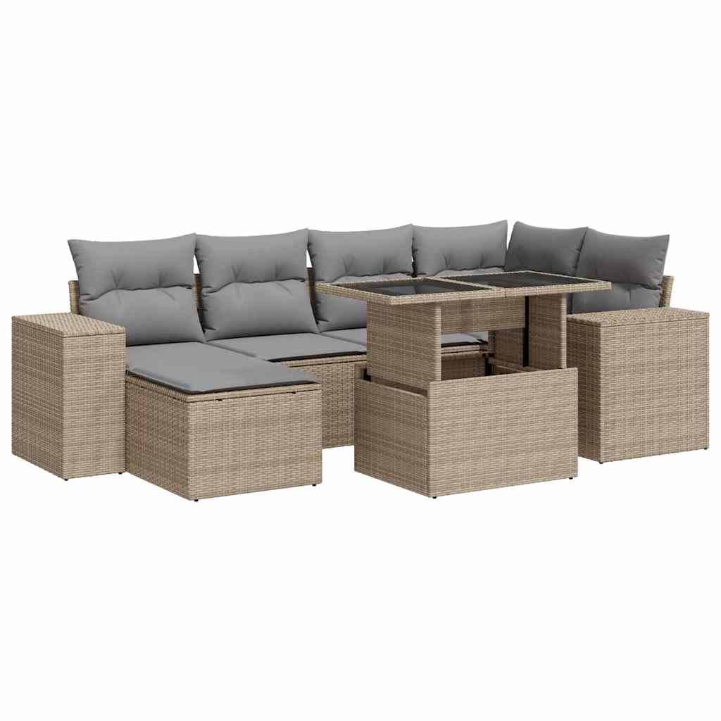 vidaXL 7-tlg. Garten-Sofagarnitur mit Kissen Beige Poly Rattan
