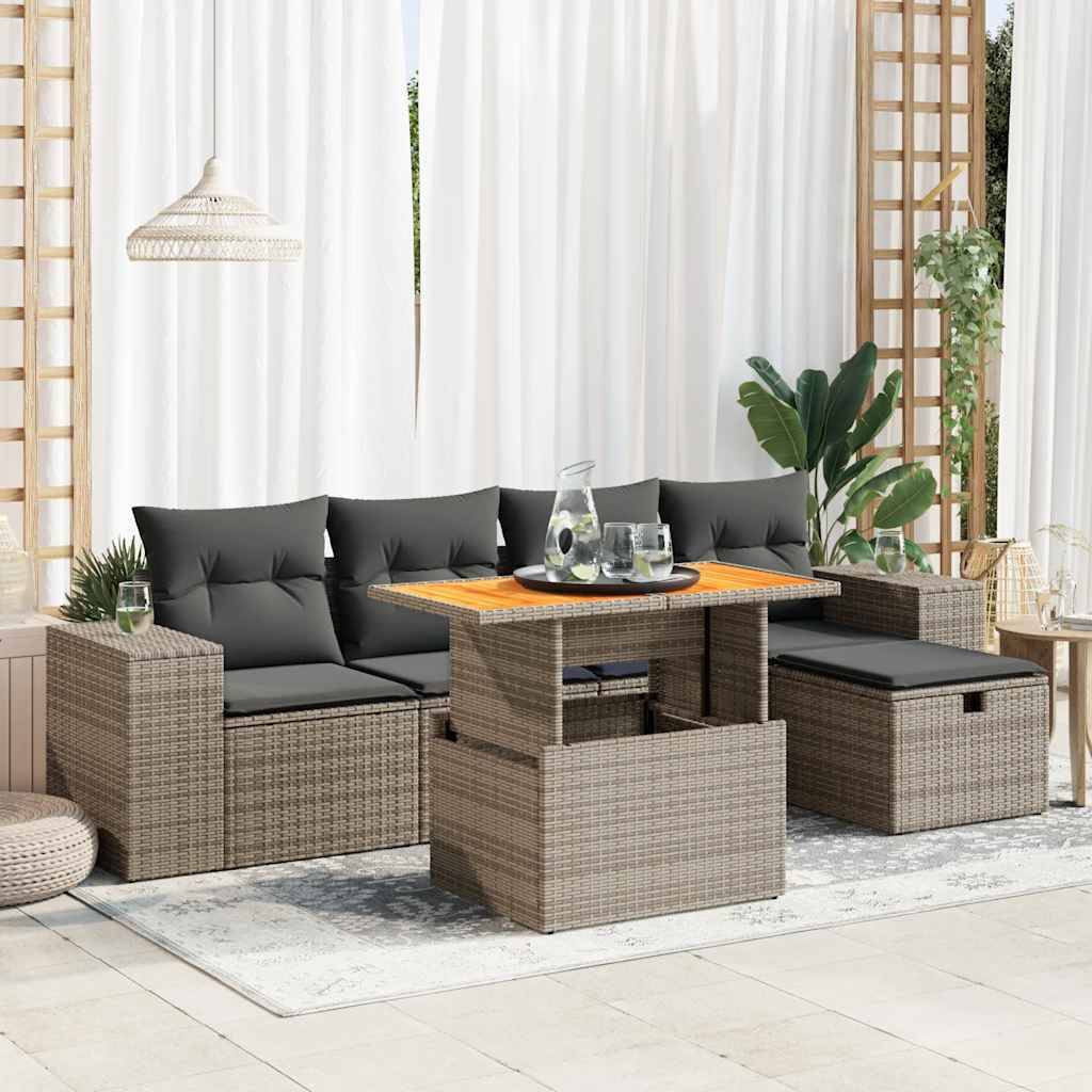 vidaXL 6-tlg. Garten-Sofagarnitur mit Kissen Grau Poly Rattan Akazie