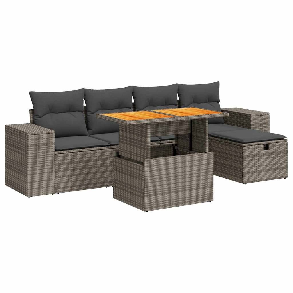 vidaXL 6-tlg. Garten-Sofagarnitur mit Kissen Grau Poly Rattan Akazie