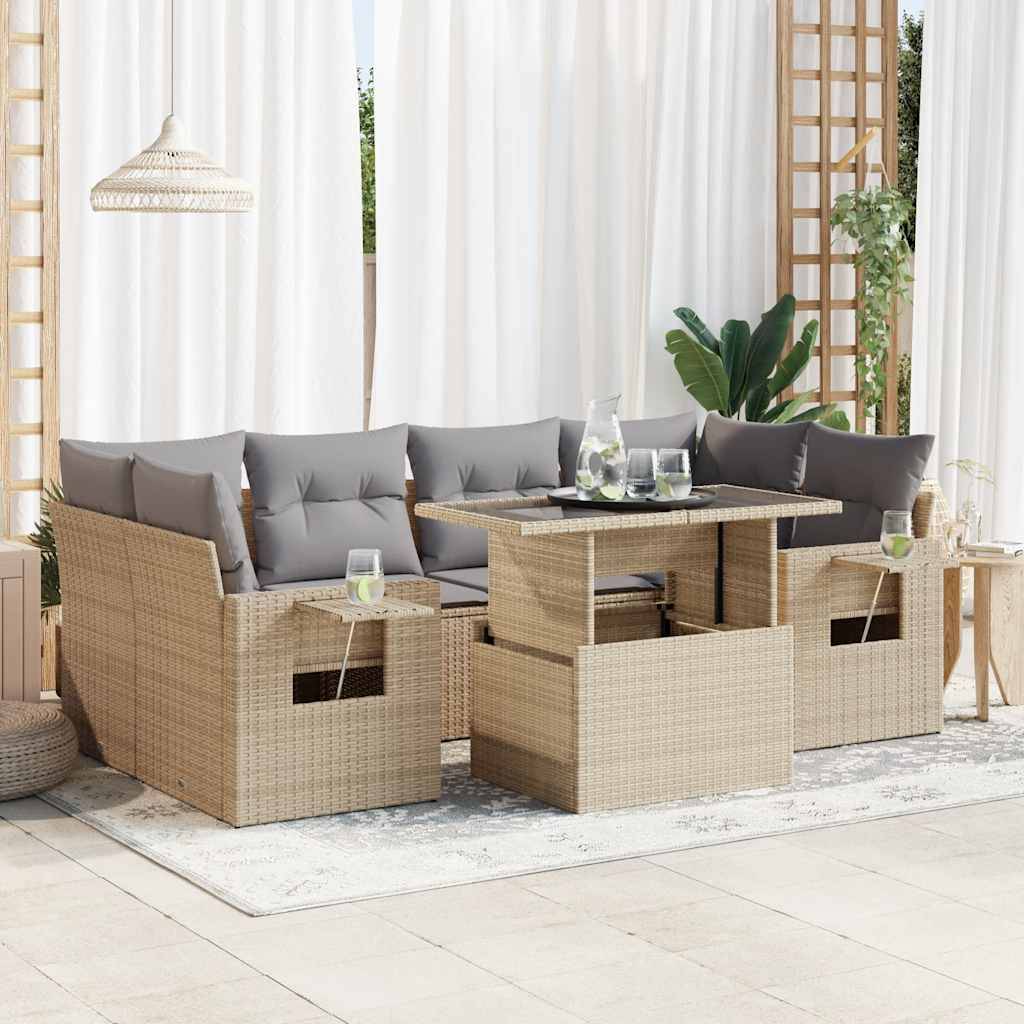 vidaXL 7-tlg. Garten-Sofagarnitur mit Kissen Beige Poly Rattan