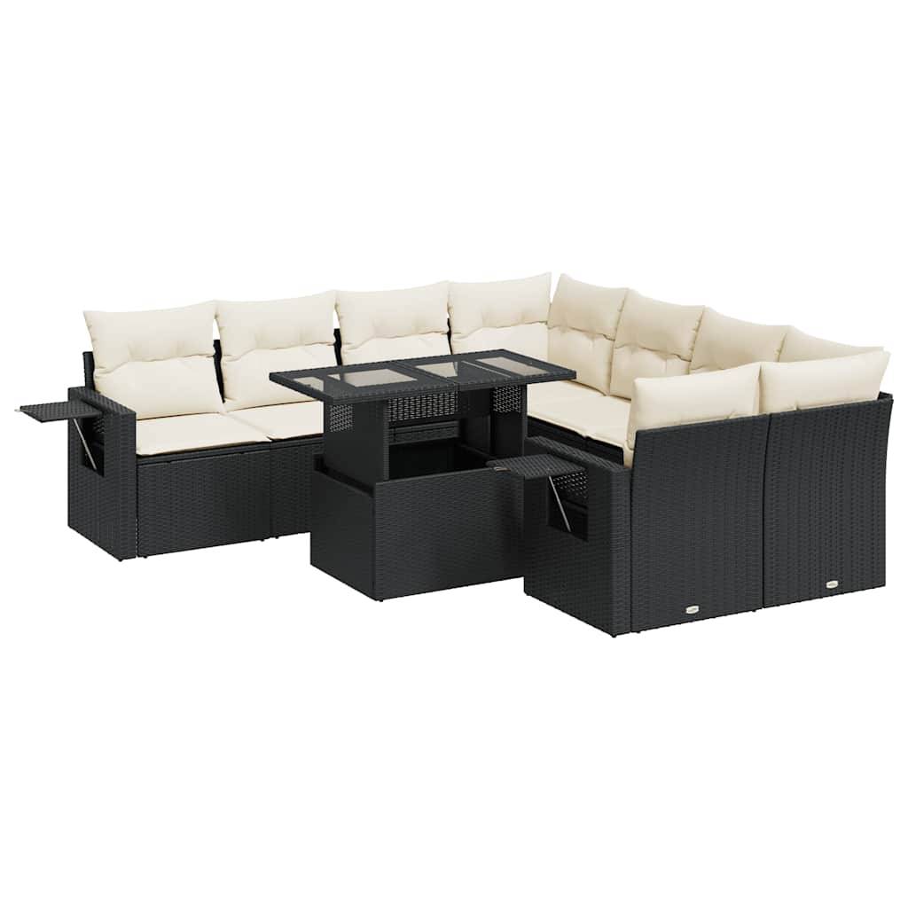 vidaXL 9-tlg. Garten-Sofagarnitur mit Kissen Schwarz Poly Rattan