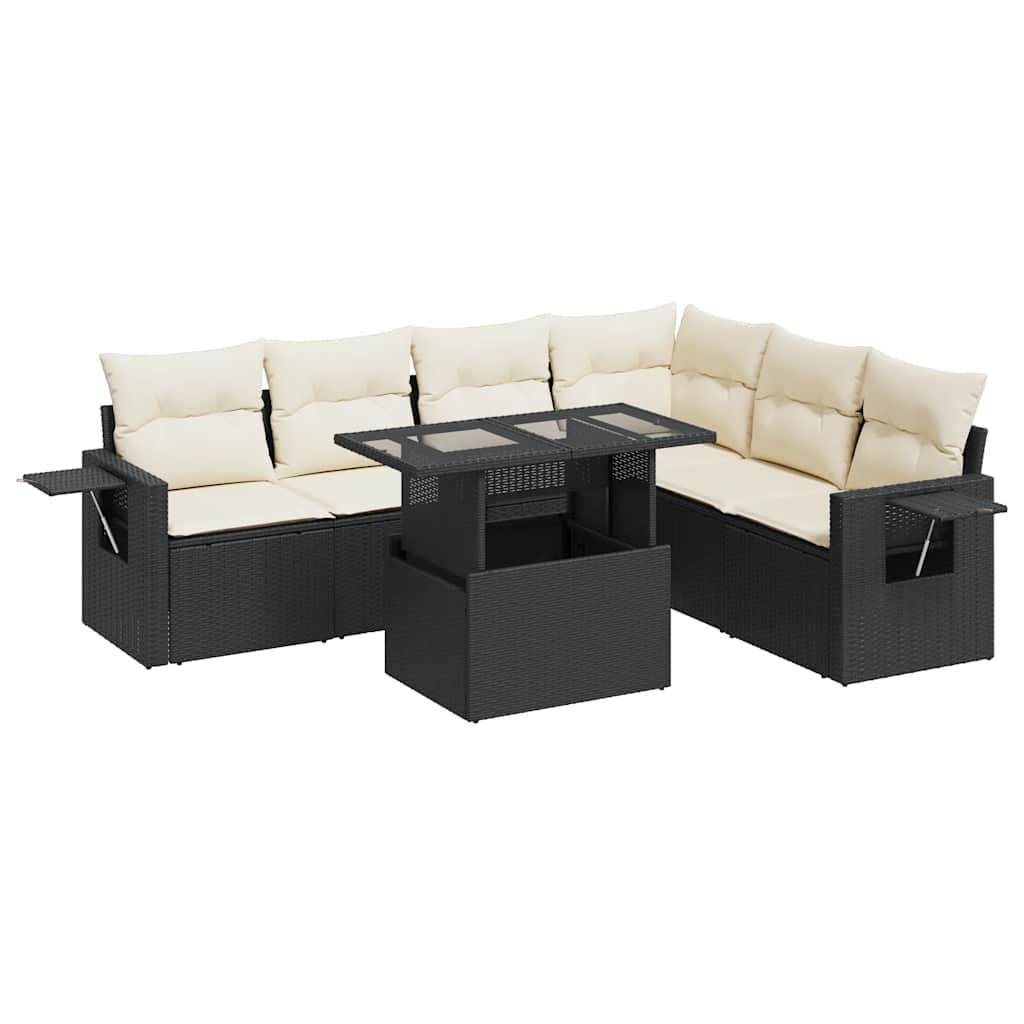 vidaXL 7-tlg. Garten-Sofagarnitur mit Kissen Schwarz Poly Rattan