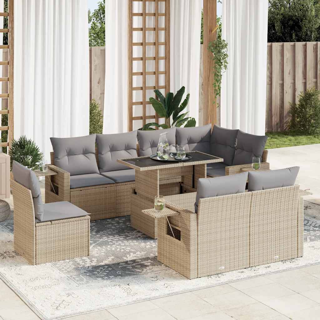 vidaXL 9-tlg. Garten-Sofagarnitur mit Kissen Beige Poly Rattan