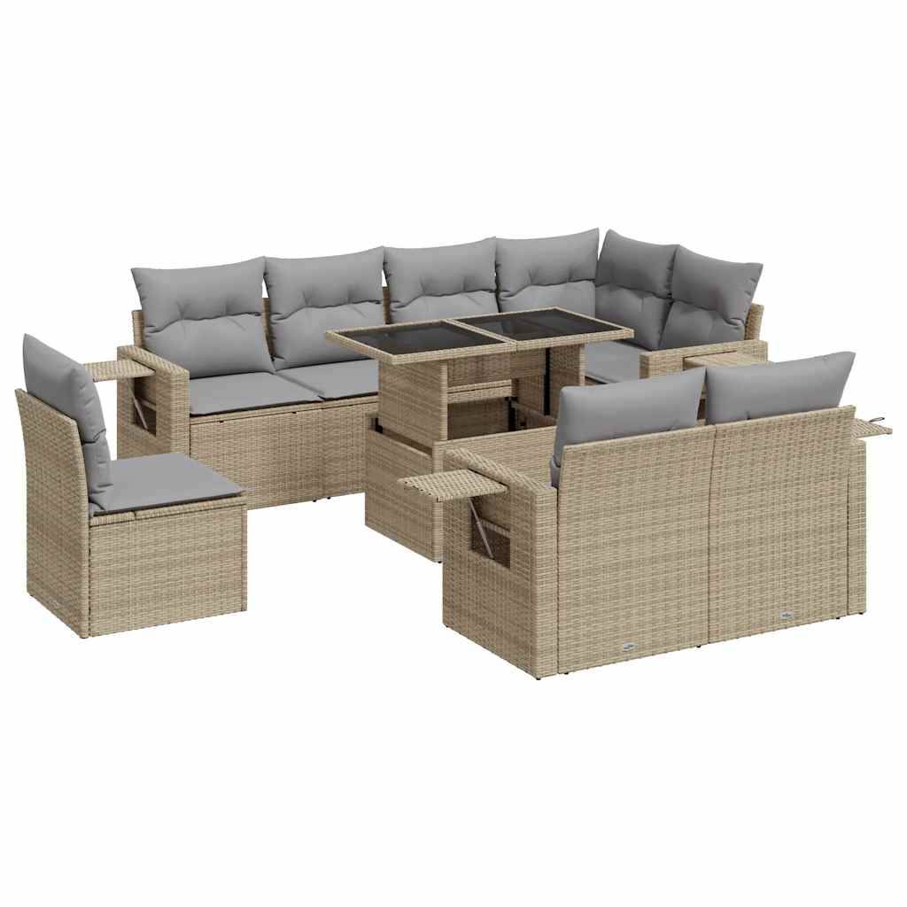 vidaXL 9-tlg. Garten-Sofagarnitur mit Kissen Beige Poly Rattan