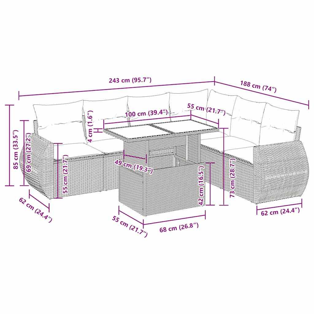vidaXL 7-tlg. Garten-Sofagarnitur mit Kissen Schwarz Poly Rattan