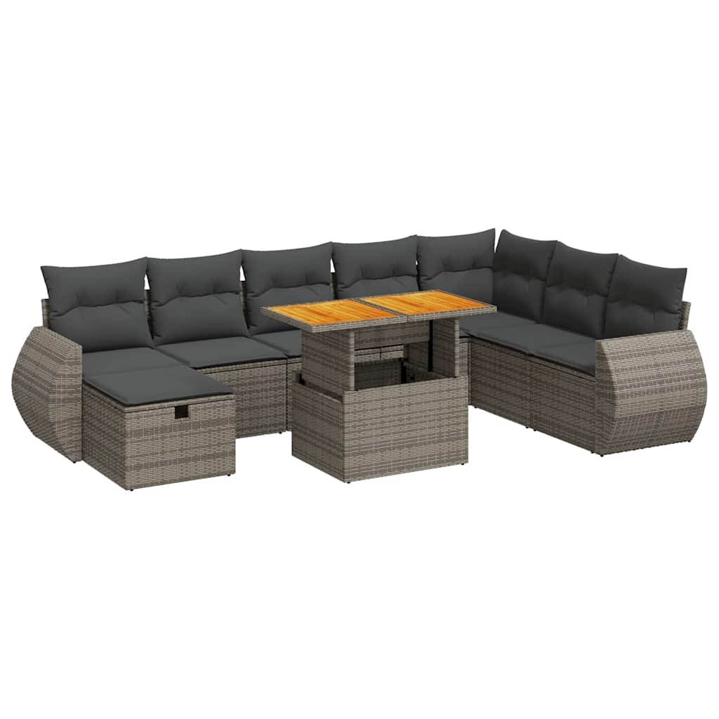 vidaXL 9-tlg. Garten-Sofagarnitur mit Kissen Grau Poly Rattan Akazie