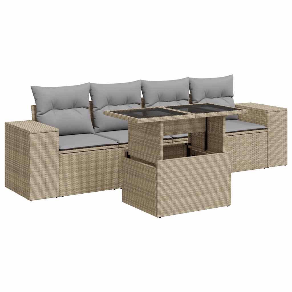 vidaXL 5-tlg. Garten-Sofagarnitur mit Kissen Beige Poly Rattan