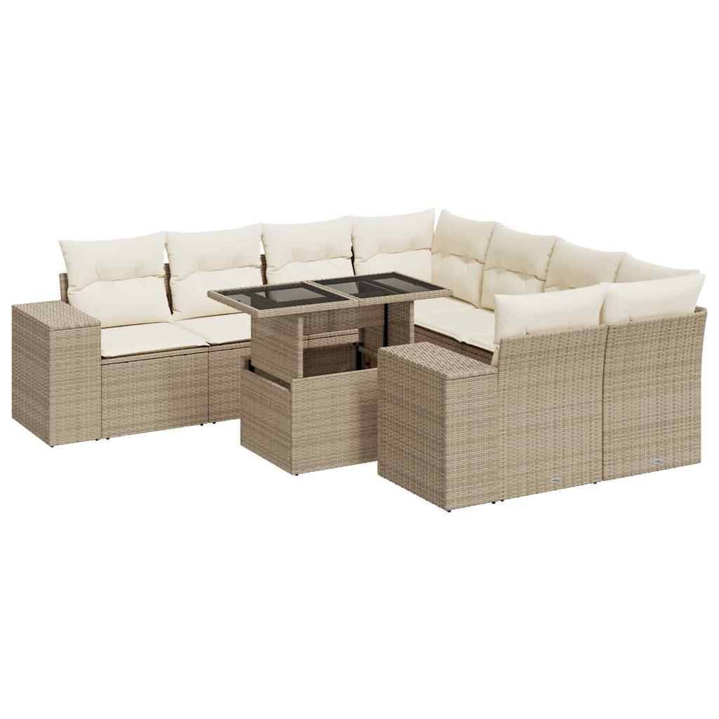 vidaXL 9-tlg. Garten-Sofagarnitur mit Kissen Beige Poly Rattan