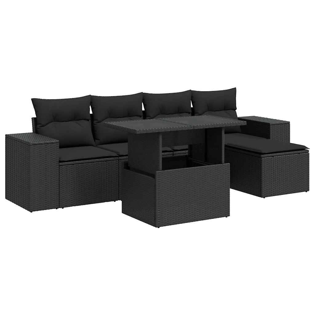 vidaXL 6-tlg. Garten-Sofagarnitur mit Kissen Schwarz Poly Rattan