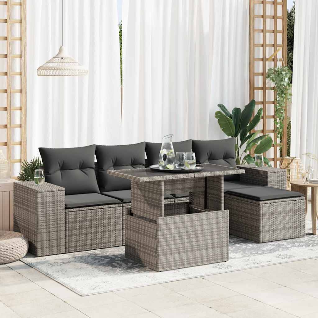 vidaXL 6-tlg. Garten-Sofagarnitur mit Kissen Grau Poly Rattan