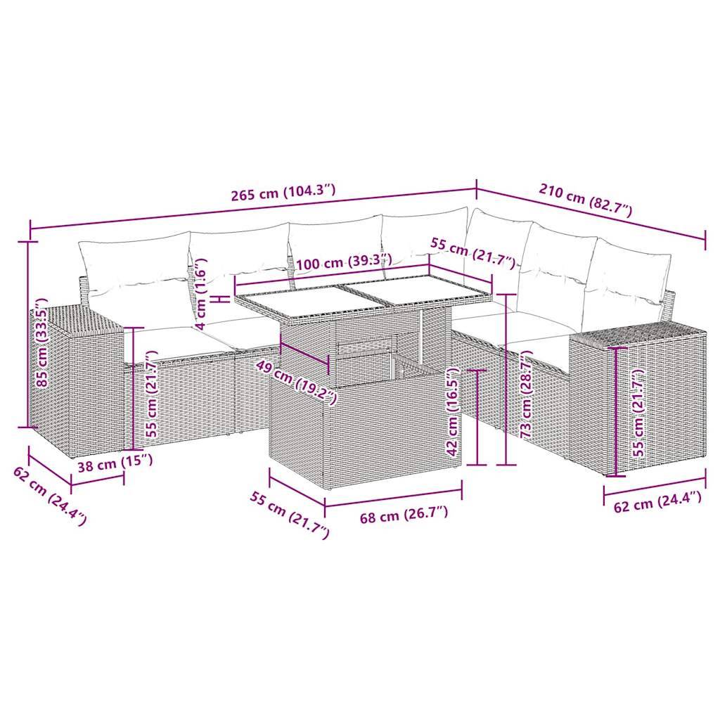 vidaXL 7-tlg. Garten-Sofagarnitur mit Kissen Grau Poly Rattan
