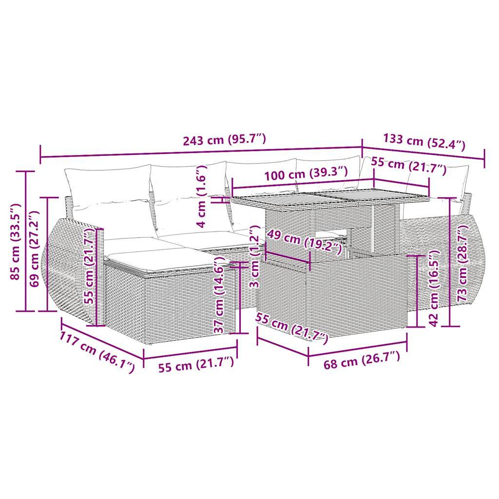 vidaXL 7-tlg. Garten-Sofagarnitur mit Kissen Schwarz Poly Rattan