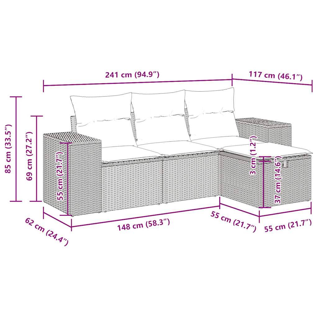 vidaXL 4-tlg. Garten-Sofagarnitur mit Kissen Schwarz Poly Rattan