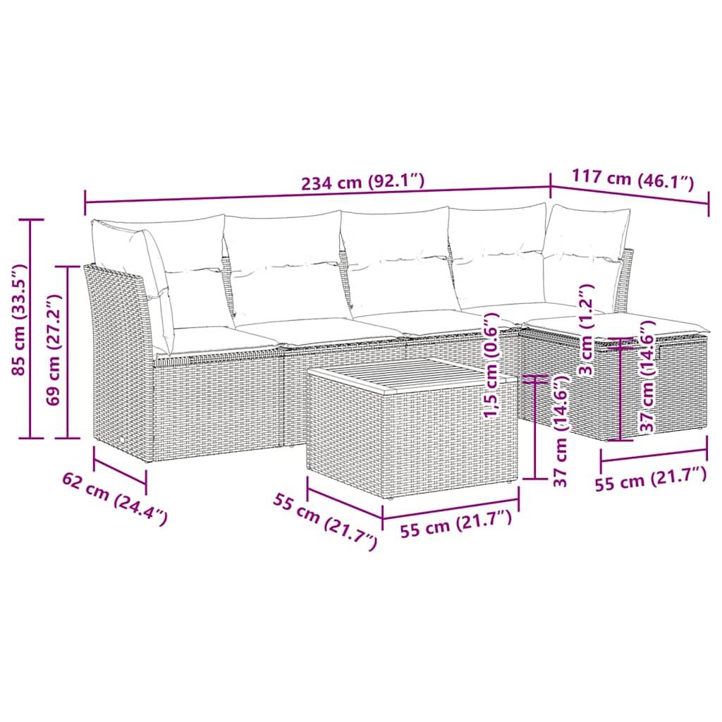 vidaXL 6-tlg. Garten-Sofagarnitur mit Kissen Beige Poly Rattan