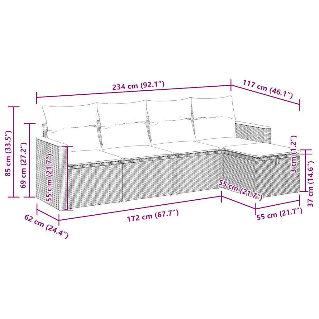 vidaXL 5-tlg. Garten-Sofagarnitur mit Kissen Grau Poly Rattan