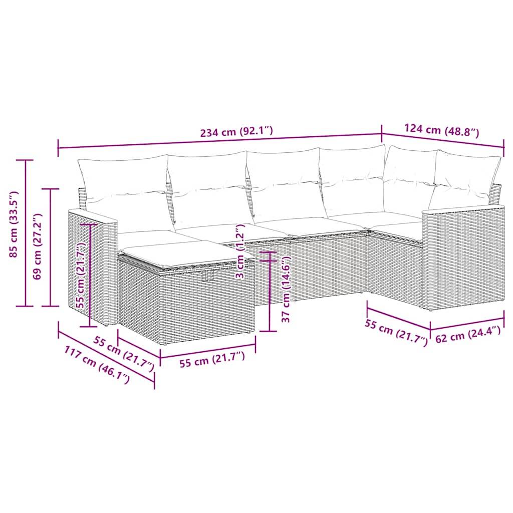 vidaXL 6-tlg. Garten-Sofagarnitur mit Kissen Grau Poly Rattan